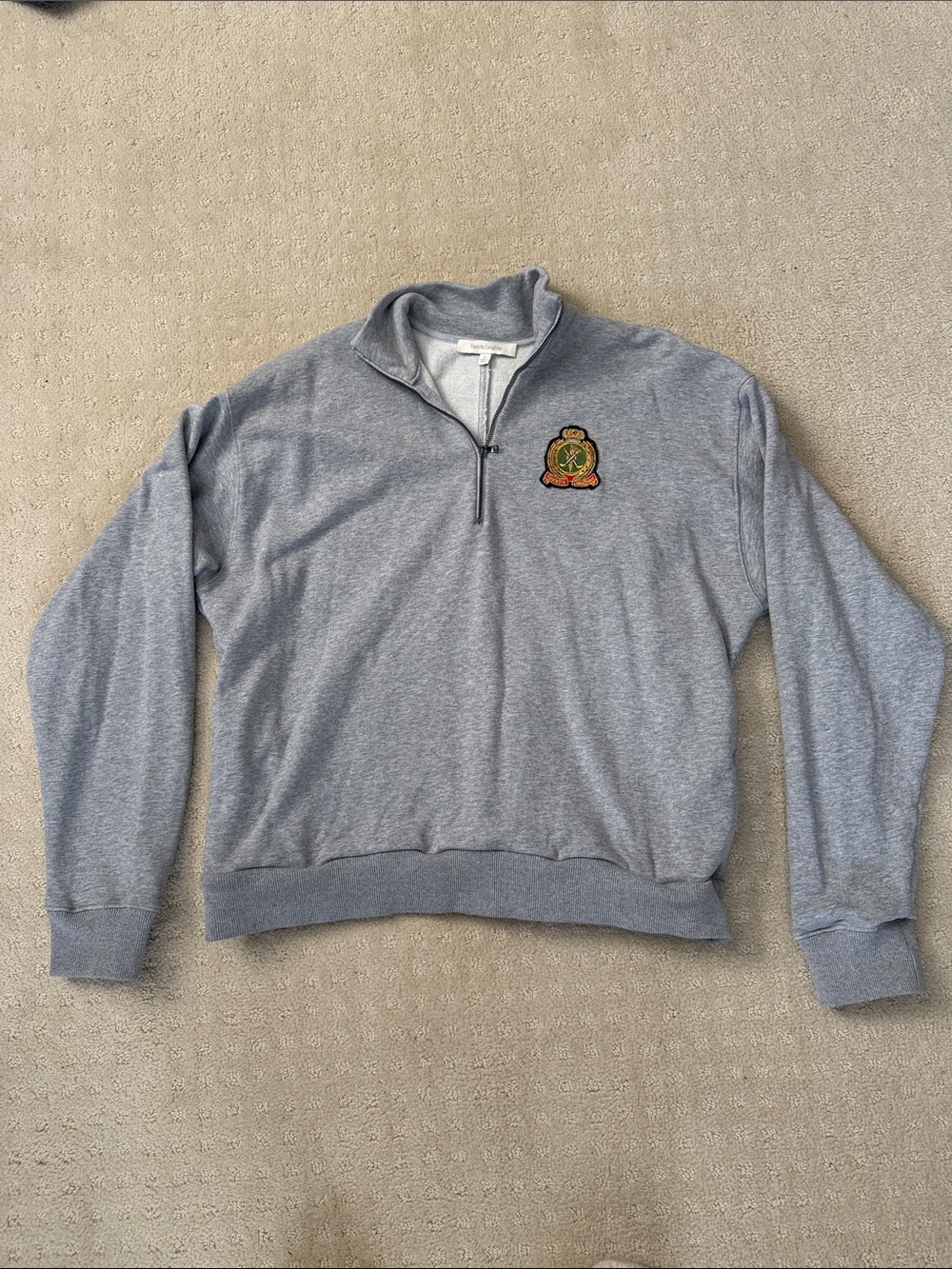Favorite Daughter Heather Gray V-Neck Pullover Sweater with Crest Patch